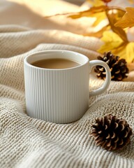 cozy home lifestyle niche Cozy Autumn Scene with Coffee Mug on Knit Blanket and Pine Cones warm ambiance daily routine comfortable aesthetic for ads