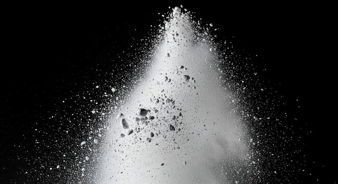 White powder and debris erupt upwards from the bottom dispersing against a dark background with larger fragments scattered through the plume