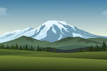 Obraz premium A scenic view of majestic mountains green fields and a clear sky