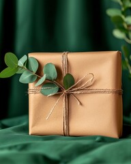 high demand stock niche Elegant Gift Box with Natural Eucalyptus Decoration on Green Fabric commercial friendly composition copyspace ready