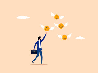 Pursuit of happiness in life, businessman chasing happiness
