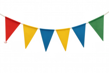 Colorful party pennant flags string for festive event decoration, horizontal banner garland on transparent background