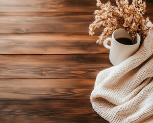cozy home lifestyle niche Cozy Autumn Coffee Scene with Rustic Decor on Wooden Table warm ambiance daily routine comfortable aesthetic for ads