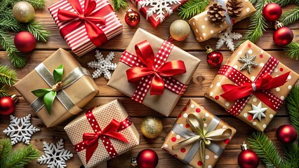 Overhead Shot of Stacked Christmas Gifts with Ribbons