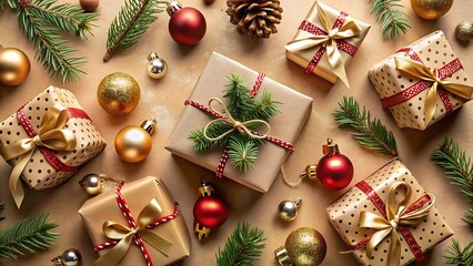 Overhead Shot of Wrapped Gifts with Ornaments and Holiday Decor
