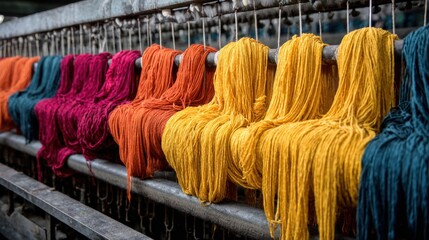 Vibrant and Colorful Yarn Threads Hanging in a Textile Industry Background