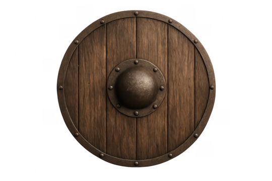Round viking wooden shield with metal boss