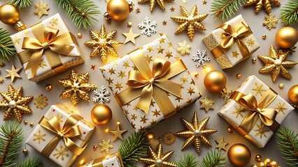 Top View of Festive Gifts with Golden Ribbon and Scattered Decor