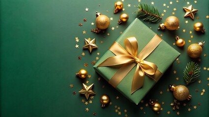 Top View of Luxury Gift Box with Golden Ribbon and Baubles