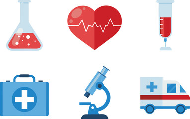 Medical icons displaying laboratory equipment heart health and emergency services