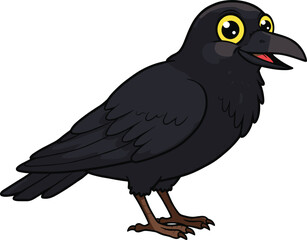 Cute cartoon black crow bird with happy expression and bright yellow eyes isolated on white background vector illustration design