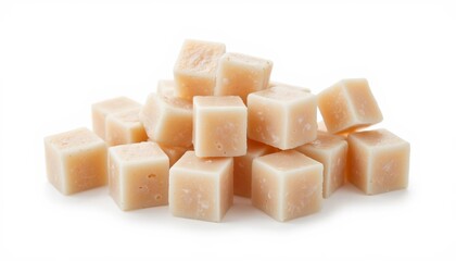 Pile of soft beige cubes of natural soap on white background  