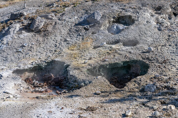 Porcelain Basin subbasin of Norris Geyser Basin, Yellowstone National Park, Wyoming.  Norris is one of the hottest and most acidic of Yellowstone’s hydrothermal areas. hot springs and fumaroles.