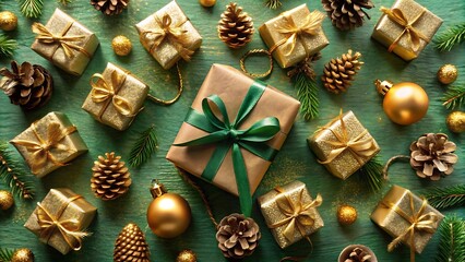 Top View of Small Christmas Presents with Golden Ribbon