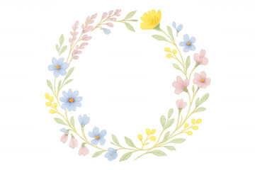 Watercolor floral wreath with pastel spring flowers and leaves creating an elegant botanical frame