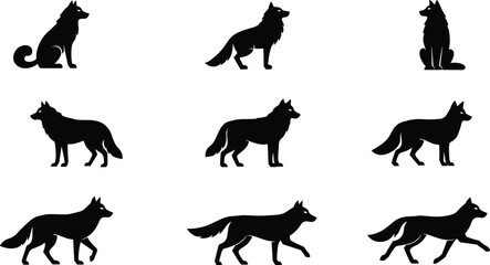 Wolf silhouette collection, walking and sitting wolf poses, wild animal illustration set for design, logo, tattoo, and nature concept art