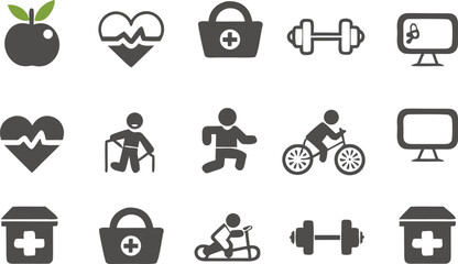 Collection of health fitness and medical related icons in grayscale