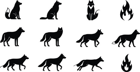 Wolf and flame symbol wildlife vector illustration, wolf silhouettes for branding, nature, strength concept, tribal design, isolated on white background