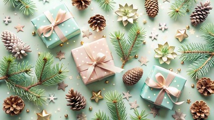 Christmas Background with Pastel Gifts Pinecones and Ornaments