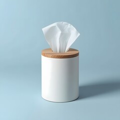 Minimalist white tissue container with wooden lid standing on soft light blue background, offering clean modern style for hygiene, skincare, home decor and product presentation settings