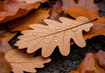 A beautiful macro image of a fallen brown leaf with rain or dew drops, capturing the essence of late autumn nature