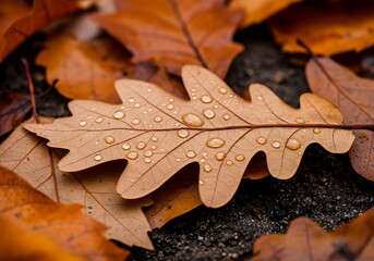 A beautiful macro image of a fallen brown leaf with rain or dew drops, capturing the essence of late autumn nature