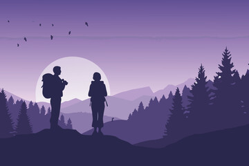 Silhouetted hikers stand overlooking a scenic mountain landscape at dusk