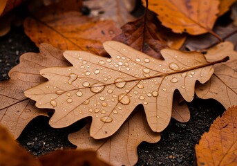A beautiful macro image of a fallen brown leaf with rain or dew drops, capturing the essence of late autumn nature