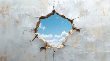 Cracked wall revealing bright blue sky and white clouds through a jagged opening, symbolizing hope, freedom, opportunity, and breakthrough concept with strong contrast between decay and renewal.