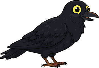 Cute cartoon black crow bird with open beak, bright yellow eyes, detailed feathers, and happy expression vector illustration design