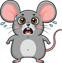 Cute cartoon gray mouse character with surprised scared expression, big ears, wide eyes, sweating face, and open mouth vector illustration