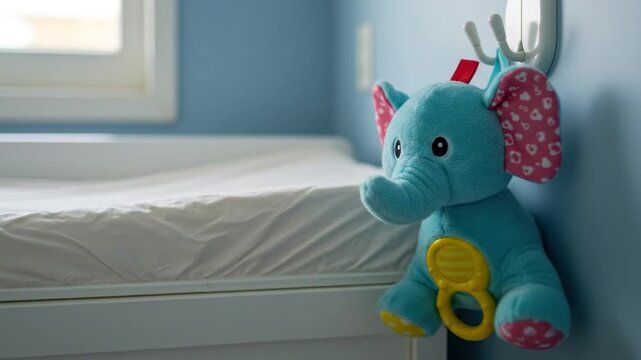 Blue elephant toy hangs on a hook next to a changing table