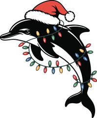 penguin with christmas hat , a black silhouette art vector for people