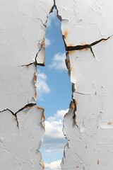 Cracked wall revealing bright blue sky and white clouds through a jagged opening, symbolizing hope, freedom, opportunity, and breakthrough concept with strong contrast between decay and renewal.