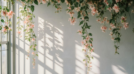 Soft sunlight casts shadows on wall with hanging pink flowers