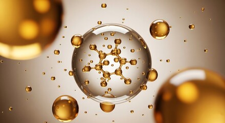 Scientific 3D visualization of a molecule structure encapsulated within a clear oil droplet sphere, symbolizing active cosmetic serum ingredients and chemical technology