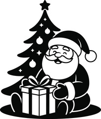 A festive illustration of Santa Claus with gifts and a Christmas tree, celebrating the holiday season