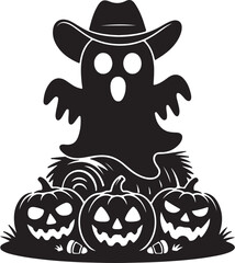 A spooky black and white cow illustration with a witch hat, pumpkin, and black cat for Halloween celebration design
