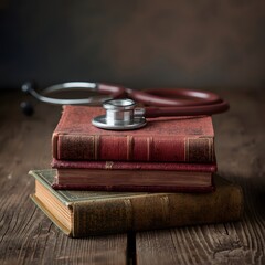 Vintage medical concept with stethoscope placed on stack of old books over rustic wooden table, symbolizing healthcare education, medical history, and lifelong learning in science and medicine.