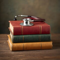 Vintage medical concept with stethoscope placed on stack of old books over rustic wooden table, symbolizing healthcare education, medical history, and lifelong learning in science and medicine.