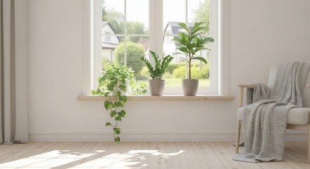 Fototapeta premium A bright room features a large window with three potted plants on the sill an armchair with a blanket and sunlight on a wooden floor