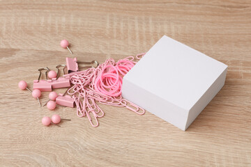 Stationery set and memo paper sheet on table