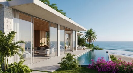 Fototapeta premium A contemporary coastal house featuring expansive glass doors an infinity pool sandy beach and lush tropical foliage
