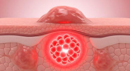 Three-dimensional medical render illustrating the inflamed skin tissue surrounding a cyst or developing pimple with an internal cluster of cells and red inflammation glow