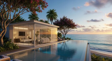 A contemporary glass-walled building with an infinity pool overlooking a tropical beach and ocean at sunset illuminated by warm interior lights