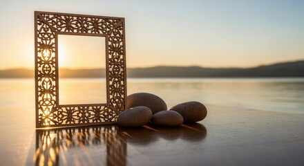 A decorative wooden frame and four smooth stones rest on a reflective surface with a tranquil body of water and distant mountains at sunset or sunrise