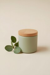 Minimalist natural candle with wooden lid and green eucalyptus branch on beige background, representing calm relaxation, eco-friendly design, and modern aromatherapy home decor aesthetic concept.