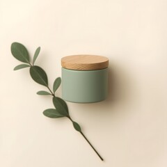 Minimalist natural candle with wooden lid and green eucalyptus branch on beige background, representing calm relaxation, eco-friendly design, and modern aromatherapy home decor aesthetic concept.