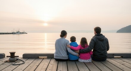 A family sits on a wooden dock observing a calm water body at sunrise or sunset Distant boats are moored at a pier with hazy land visible on the horizon