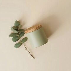 Minimalist natural candle with wooden lid and green eucalyptus branch on beige background, representing calm relaxation, eco-friendly design, and modern aromatherapy home decor aesthetic concept.